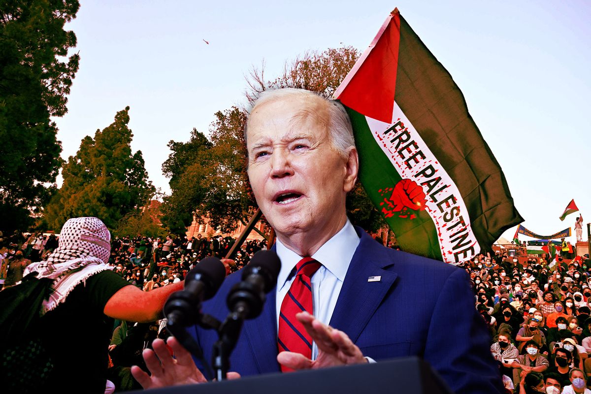 Joe Biden | Protestors gather outside the Pro-Palestinian encampment on the campus of UCLA in Los Angeles on Wednesday, May 1, 2024. (Photo illustration by Salon/Getty Images)