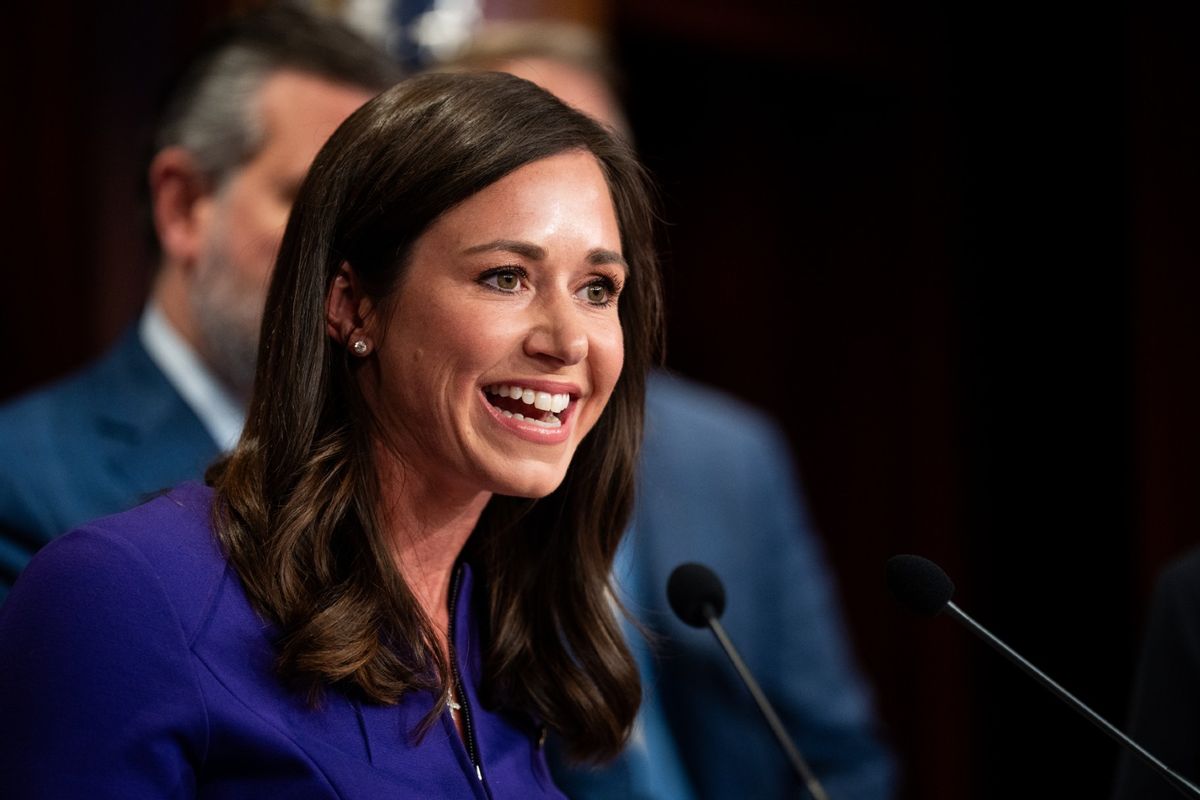 Sen. Katie Britt, R-Ala., speaks during the Senate Republicans' news conference in the U.S. Capitol on a resolution that condemns any action by the Biden Administration to withhold or restrict weapons for Israel on Thursday , May 9, 2024.  (Bill Clark/CQ-Roll Call, Inc via Getty Images)