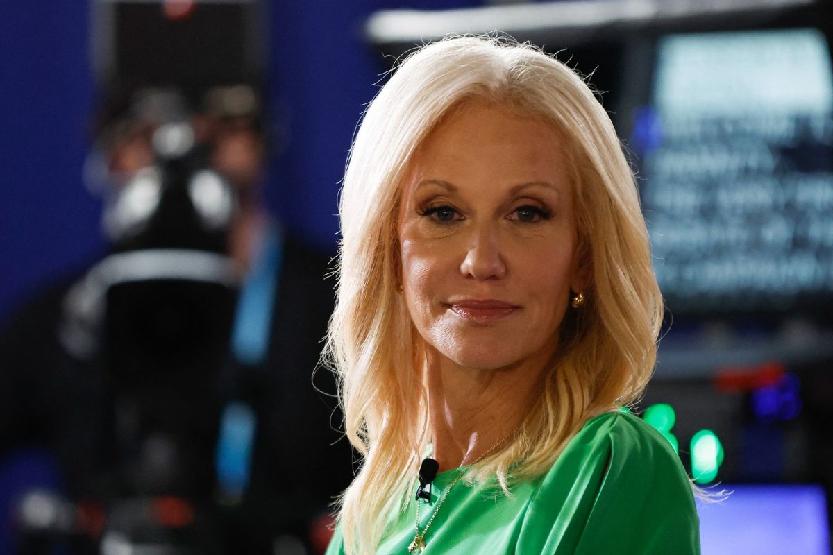 Kellyanne Conway, former counselor to former President Trump, looks on in the Spin Room during the first Republican Presidential primary debate at the Fiserv Forum in Milwaukee, Wisconsin, on August 23, 2023.  (KAMIL KRZACZYNSKI/AFP via Getty Images)