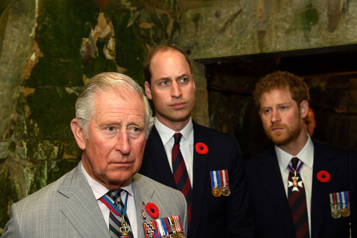 Prince Charles, Prince of Wales, Prince William, Duke of Cambridge and Prince Harry tour a tunnel made during WWI during the commemorations for the 100th anniversary of the battle of Vimy Ridge on April 9, 2017 in Lille, France. (Pool/Samir Hussein/WireImage/Getty Images)