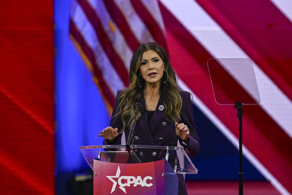 Governor of South Dakota Kristi Noem delivers remarks as she attends the 2024 Conservative Political Action Conference (CPAC) at the Gaylord National Resort and Convention Center in Maryland, United States on February 23, 2024. (Celal Gunes/Anadolu via Getty Images)