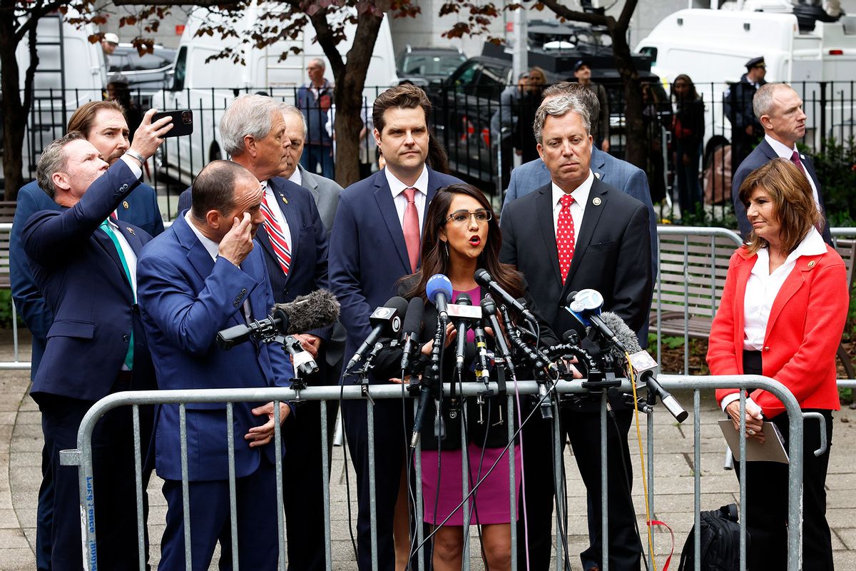 Rep. Lauren Boebert (R-CO) speaks alongside House Republicans during a press conference at Collect Pond Park outside of Manhattan Criminal Court during former U.S. President Donald Trump's hush money trial on May 16, 2024 in New York City. (Michael M. Santiago/Getty Images)