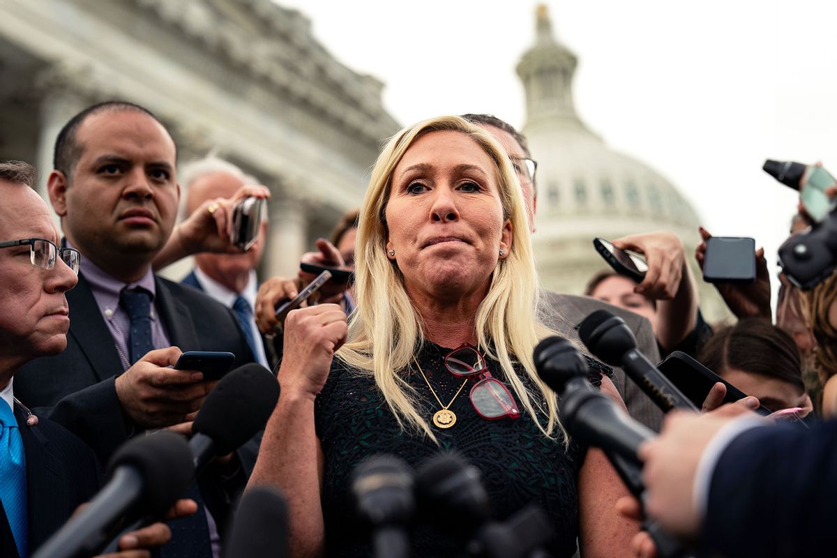 Rep. Marjorie Taylor Greene (R-GA) speaks to members of the press on the steps of the House of Representatives at the U.S. Capitol on May 8, 2024 in Washington, DC. (Kent Nishimura/Getty Images)