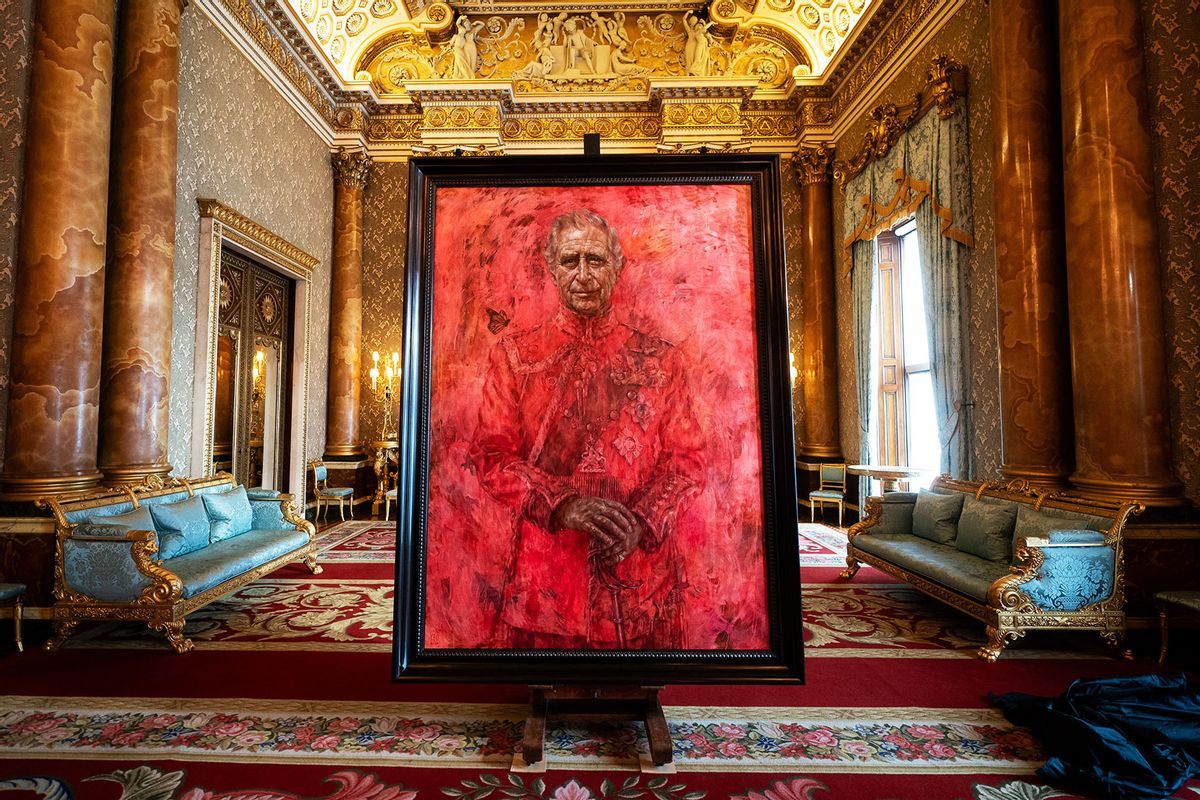 An official portrait of King Charles III, painted by artist Jonathan Yeo, is pictured during its unveiling, in the Blue Drawing Room at Buckingham Palace in London on May 14, 2024. (AARON CHOWN/POOL/AFP via Getty Images)