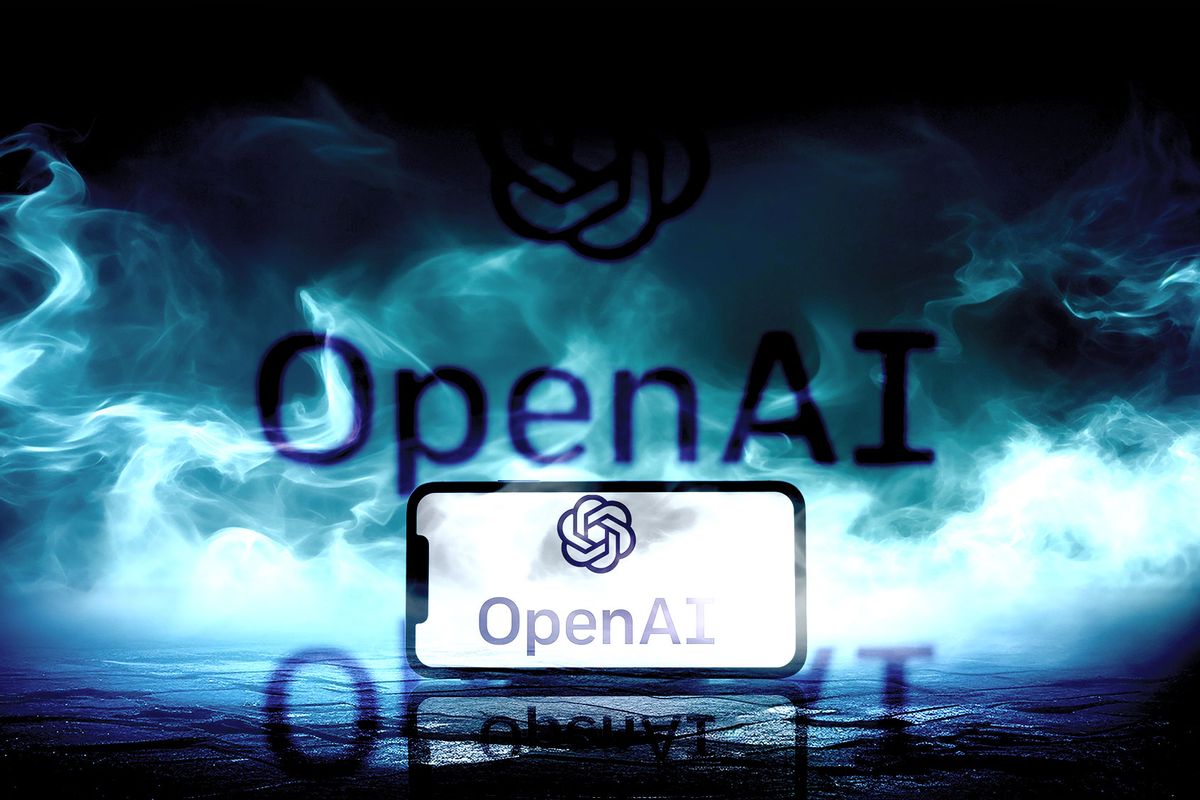 OpenAI logo is seen displayed on a mobile phone screen, smoke in the background. (Photo illustration by Salon/Getty Images)