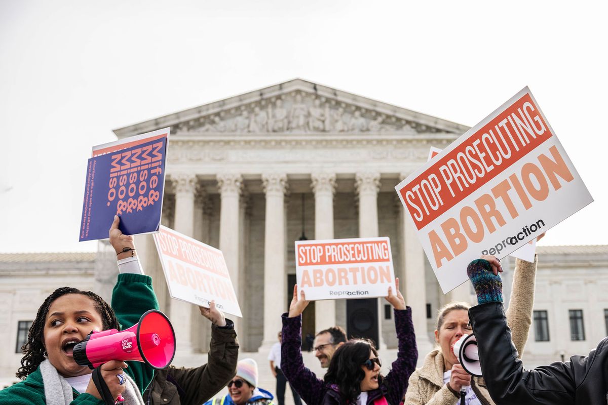 Demonstrators gather in front of the Supreme Court as the court hears oral arguments in the case of the U.S. Food and Drug Administration v. Alliance for Hippocratic Medicine on March 26, 2024 in Washington, DC. (Anna Rose Layden/Getty Images)