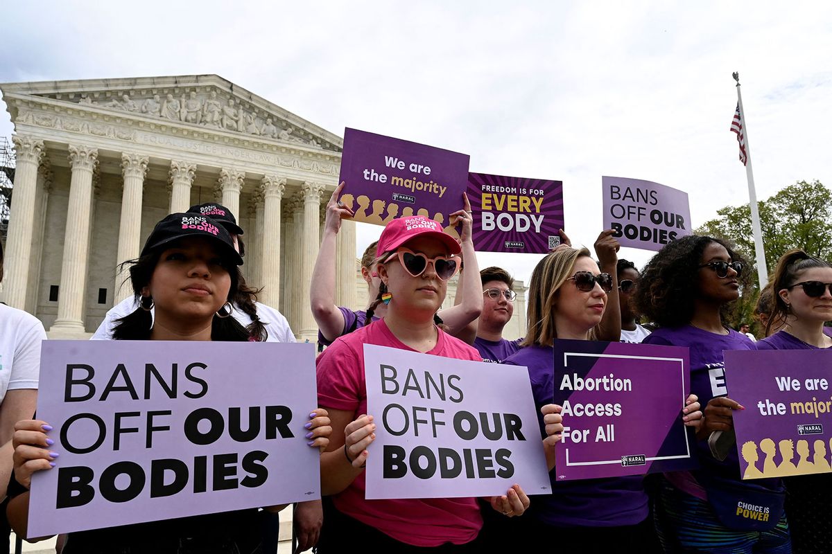 Abortion rights advocates rally outside the US Supreme Court on April 14, 2023, in Washington, DC, speaking out against abortion pill restrictions. (OLIVIER DOULIERY/AFP via Getty Images)