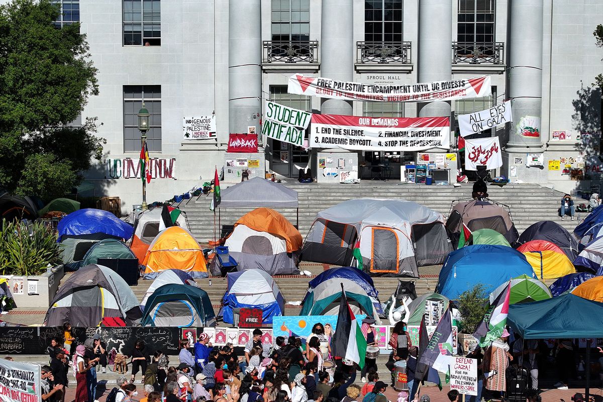 Hundreds of Pro-Palestinian protesters and students gather at the UC Berkeley encampment area outside of Sproul Hall to demand end to Gaza war, divestment from Israel, in Berkeley, California, United States on May 7, 2024. (Tayfun Coskun/Anadolu via Getty Images)