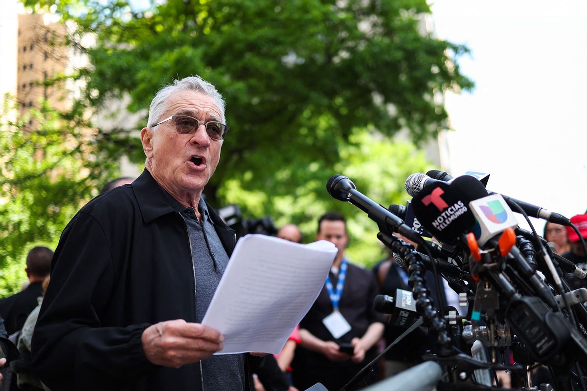 US actor Robert De Niro speaks in support of US President Joe Biden outside of Manhattan Criminal Court as former US President and Republican presidential candidate Donald Trump attends his criminal trial for allegedly covering up hush money payments in New York City, on May 28, 2024. (CHARLY TRIBALLEAU/AFP via Getty Images)