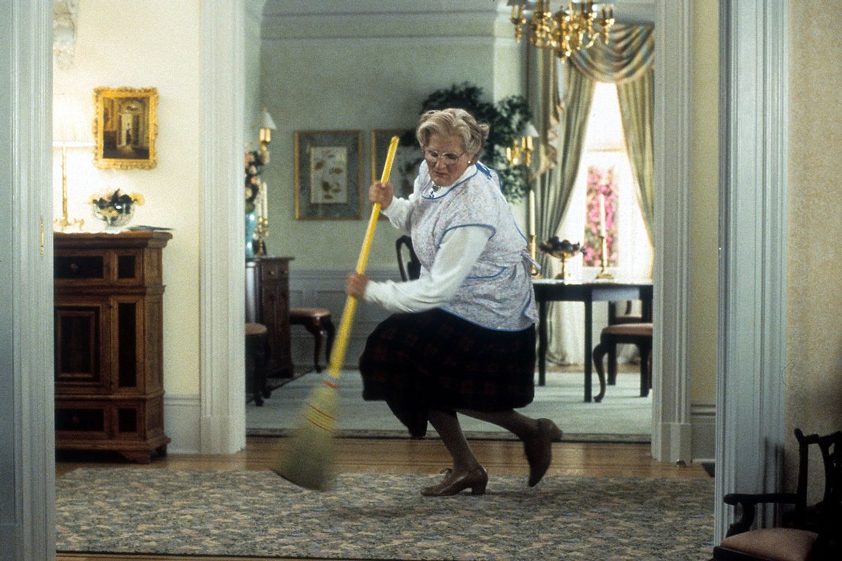 Robin Williams brooms in a scene from the film 'Mrs. Doubtfire', 1993. (20th Century-Fox/Getty Images)
