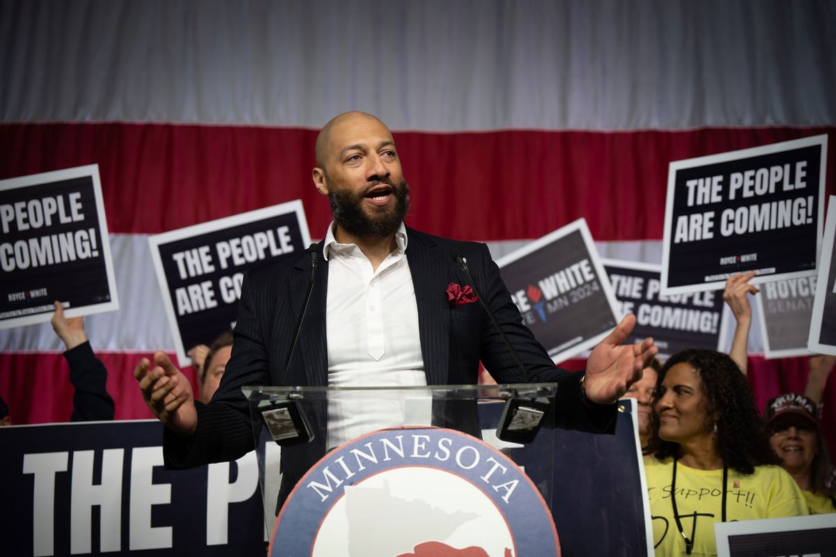 Former basketball player Royce White takes the stage at the Minnesota Republican Party convention at St. Paul's RiverCentre after winning the GOP endorsement to challenge Democratic incumbent Amy Klobuchar for her U.S. Senate seat, Saturday, May 18, 2024 St. Paul, Minn. (Glen Stubbe/Star Tribune via Getty Images)