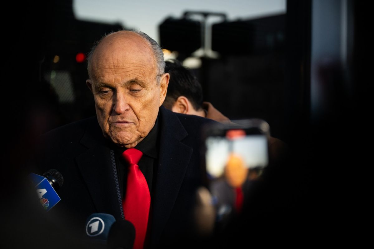 Rudy Giuliani speaks to members of the media where Republican candidate Florida Gov. Ron DeSantis was scheduled to host a campaign event on January 21, 2024 in Manchester, New Hampshire. (Brandon Bell/Getty Images)