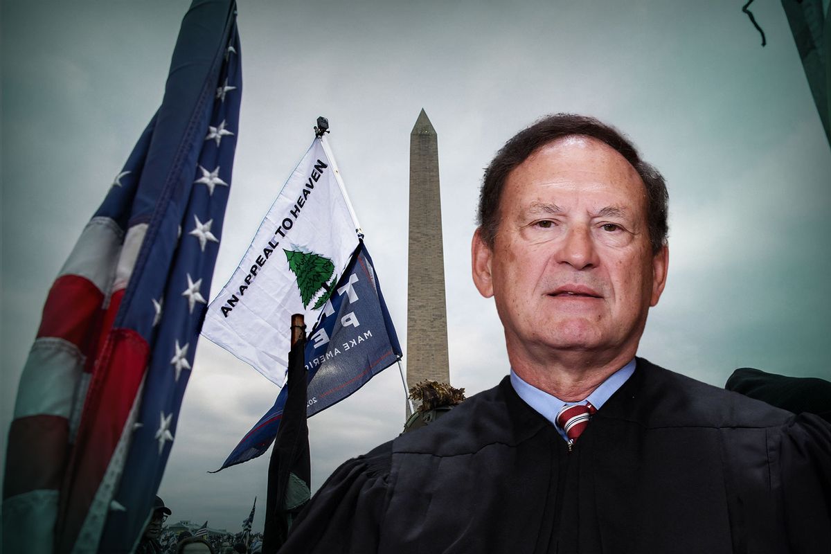 Samuel Alito | An "Appeal To Heaven" flag waving as pro-Trump protesters gather in front of the U.S. Capitol Building on January 6, 2021 in Washington, DC. (Photo illustration by Salon/Getty Images)