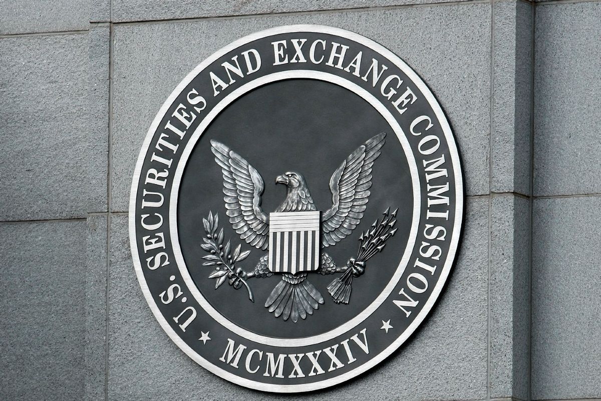 The U.S. Securities and Exchange Commission seal hangs on the facade of its building. (Chip Somodevilla/Getty Images)