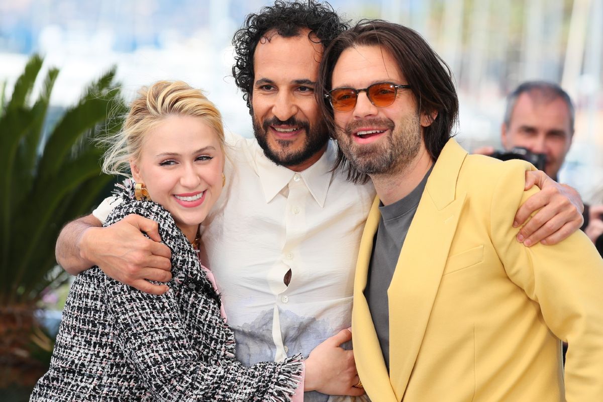 Maria Bakalova, Ali Abbasi and Sebastian Stan attend "The Apprentice" Photocall at the 77th annual Cannes Film Festival at Palais des Festivals on May 21, 2024 in Cannes, France.  (JB Lacroix/FilmMagic/Getty)