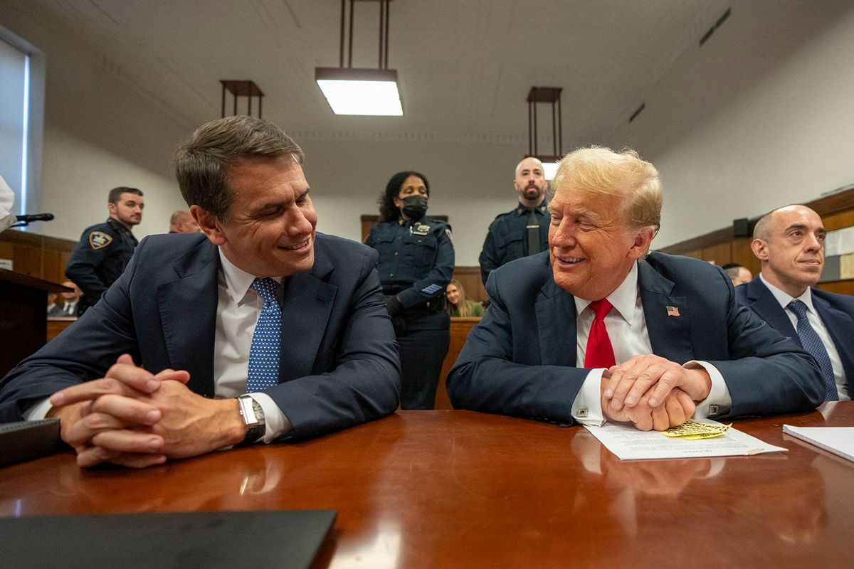 Former US President and Republican presidential candidate Donald Trump (R) sits in court during his trial for allegedly covering up hush money payments at Manhattan Criminal Court in New York City, on May 28, 2024. (STEVEN HIRSCH/POOL/AFP via Getty Images)