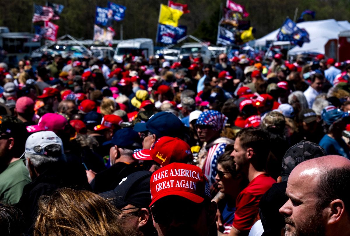 Attendees wait in line before a rally for Republican presidential candidate former President Donald Trump on May 1, 2024 at Avflight Saginaw in Freeland, Michigan. (Nic Antaya/Getty Images)