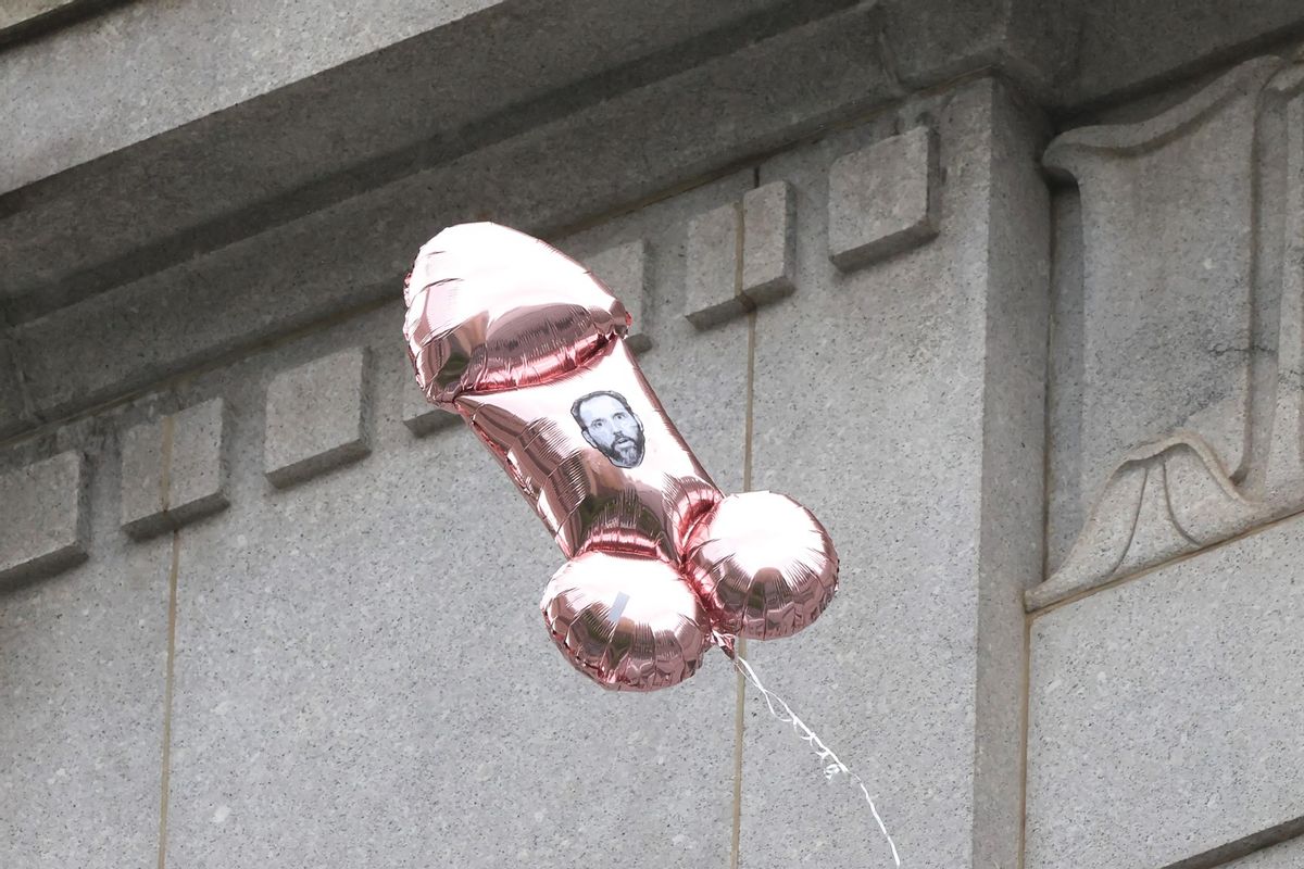 A ballon with a sticker displaying the image of Jack Smith, US special counsel, flies over Collect Pond Park near Manhattan Criminal Court during Trump's hush money trial on May 16, 2024 in New York City.  (Michael M. Santiago/Getty Images)