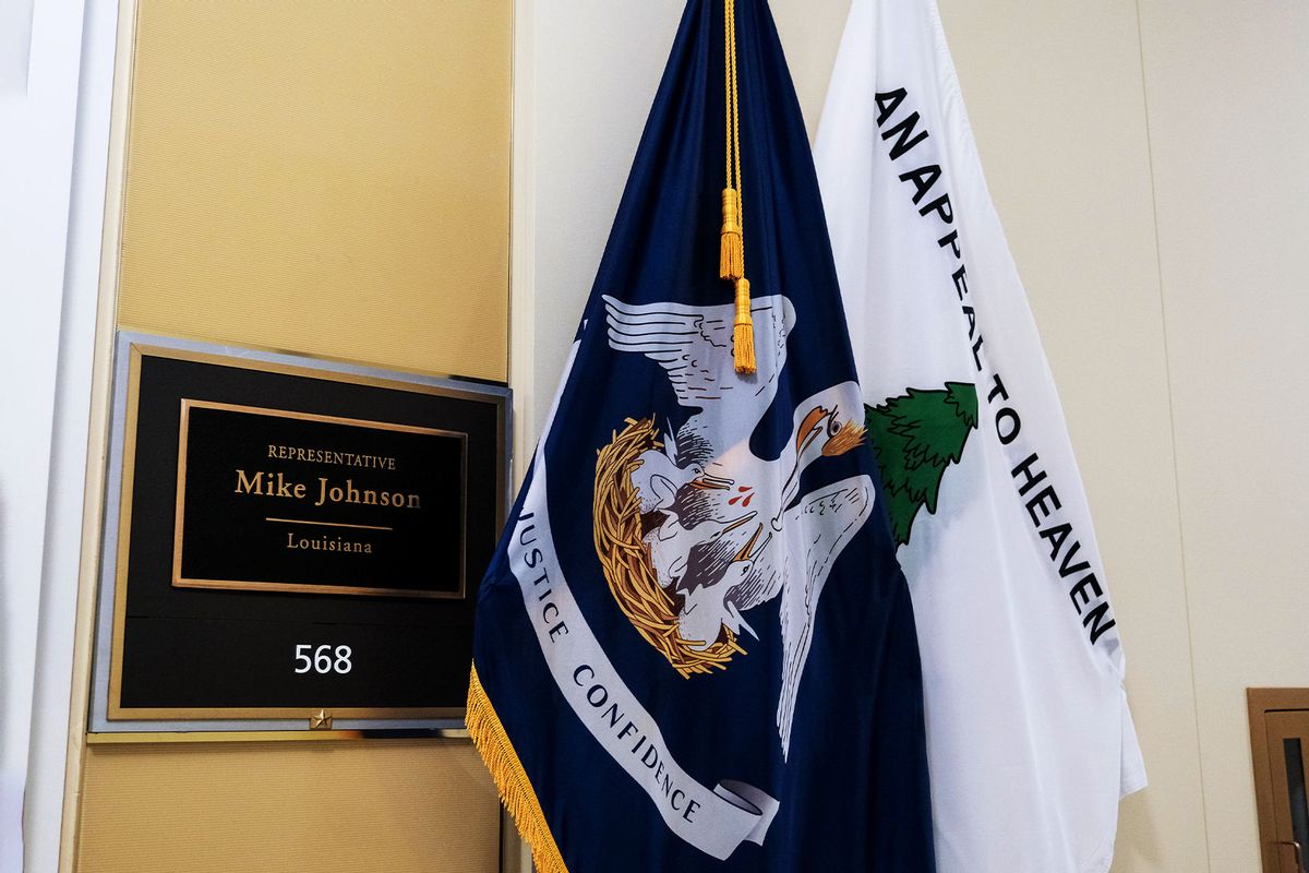 An "Appeal to Heaven" flag is seen outside of Speaker of the House Mike Johnson (R-LA) office on Capitol Hill on May 23, 2024 in Washington, DC. (Michael A. McCoy/Getty Images)