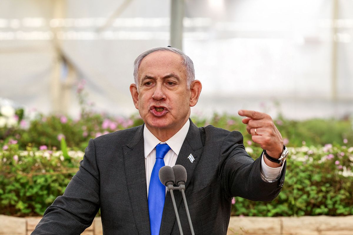 Israeli Prime Minister Benjamin Netanyahu speaks during a state memorial ceremony for the victims of the 1948 Altalena affair, at Nachalat Yitzhak cemetery in Tel Aviv on June 18, 2024. (SHAUL GOLAN/POOL/AFP via Getty Images)