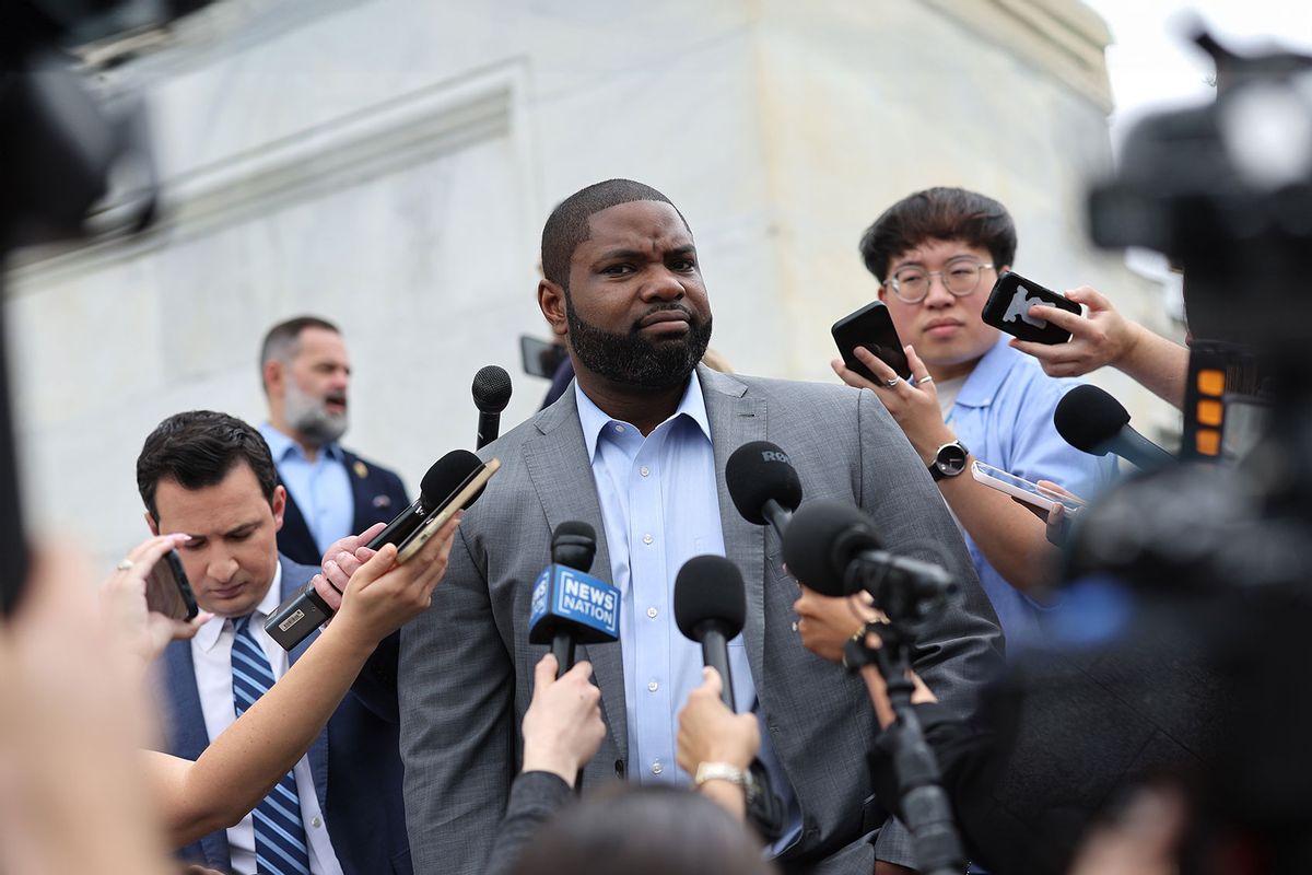 U.S. Rep. Byron Donalds (R-FL) speaks with reporters as he leaves the U.S. Capitol for the weekend on May 17, 2024 in Washington, DC. (Kevin Dietsch/Getty Images)