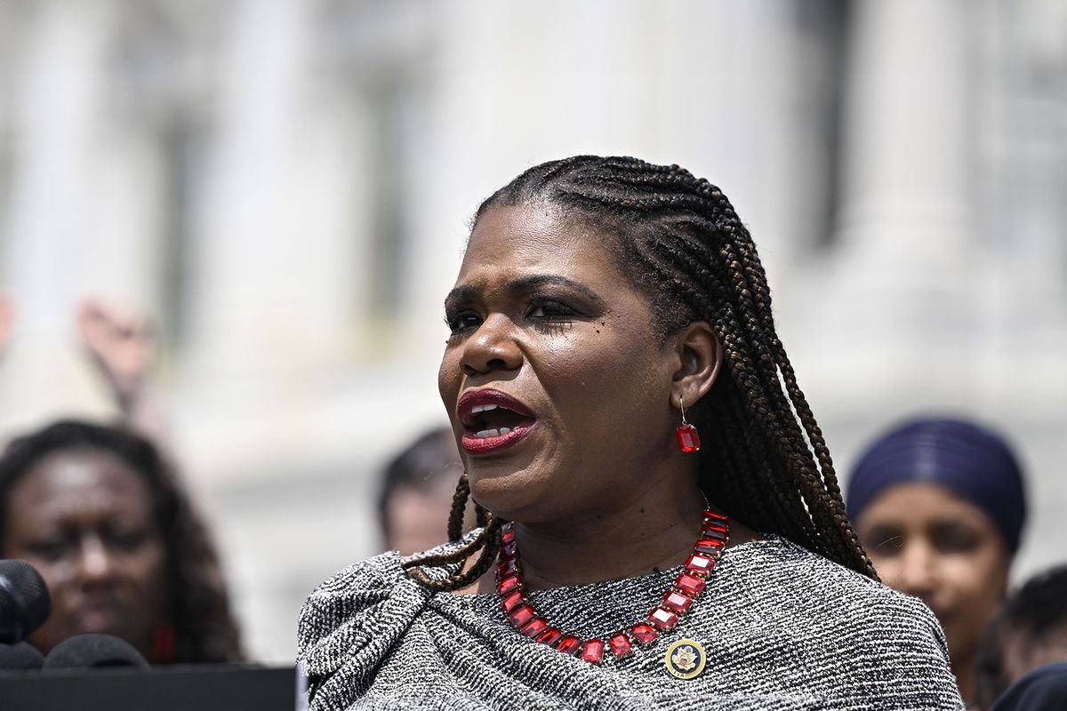 United States Representative Cori Bush speaks during a press conference in front of Congress to advocate for the protection of free speech on campuses in Washington DC, United States on May 23, 2024. (Celal Gunes/Anadolu via Getty Images)