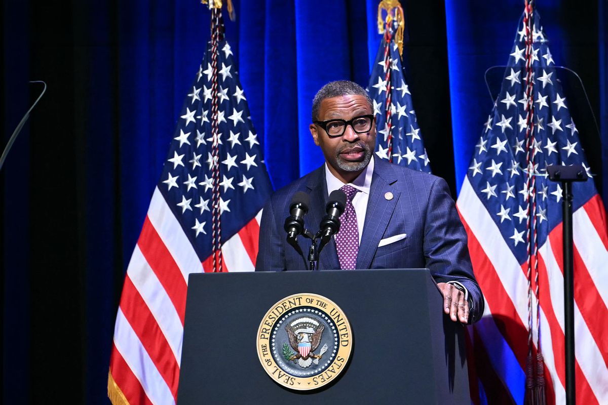 President & CEO of the NAACP Derrick Johnson, speaks at the National Museum of African American History and Culture in Washington, DC, on May 17, 2024, before an address by US President Joe Biden. (ANDREW CABALLERO-REYNOLDS/AFP via Getty Images)
