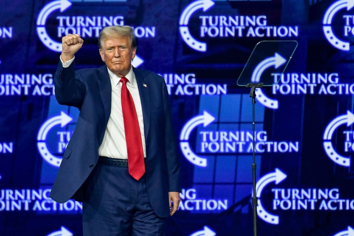 Former President Donald Trump speaks at The People's Convention hosted by Turning Point Action at The Huntington Place in Detroit, MI on June 15, 2024. (Adam J. Dewey/Anadolu via Getty Images)