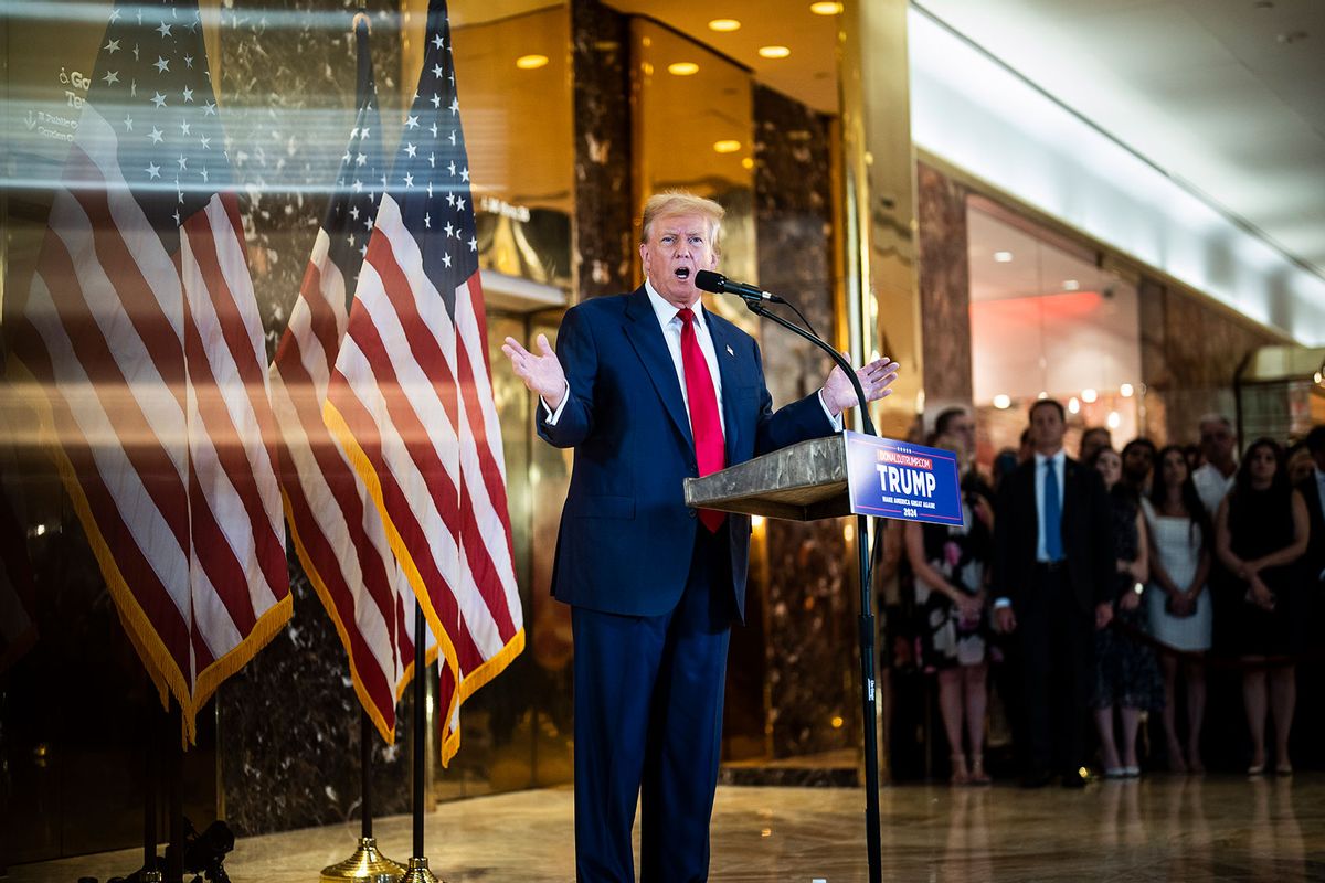 Former President Donald Trump speaks at a news conference from the lobby of Trump Tower the day after being found guilty on 34 felony counts of falsifying business records in the first degree at Manhattan Criminal Court, in New York, NY on Friday, May 31, 2024. (Jabin Botsford/The Washington Post via Getty Images)