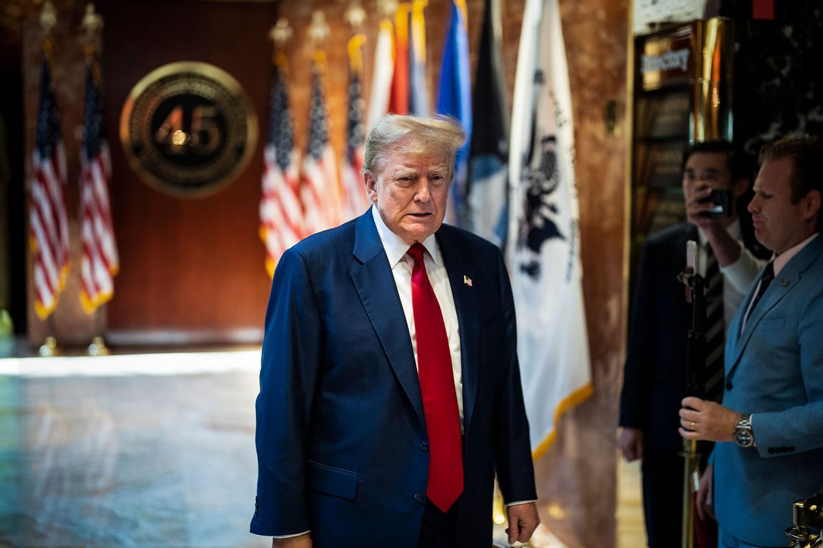 Former President Donald Trump walks out to speak at a news conference from the lobby of Trump Tower the day after being found guilty on 34 felony counts of falsifying business records in the first degree at Manhattan Criminal Court, in New York, NY on Friday, May 31, 2024. (Jabin Botsford/The Washington Post via Getty Images)