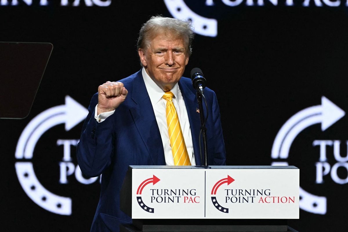 Former US President and 2024 Republican presidential candidate Donald Trump gestures during a town hall event at Dream City Church in Phoenix, Arizona, on June 6, 2024. (JIM WATSON/AFP via Getty Images)