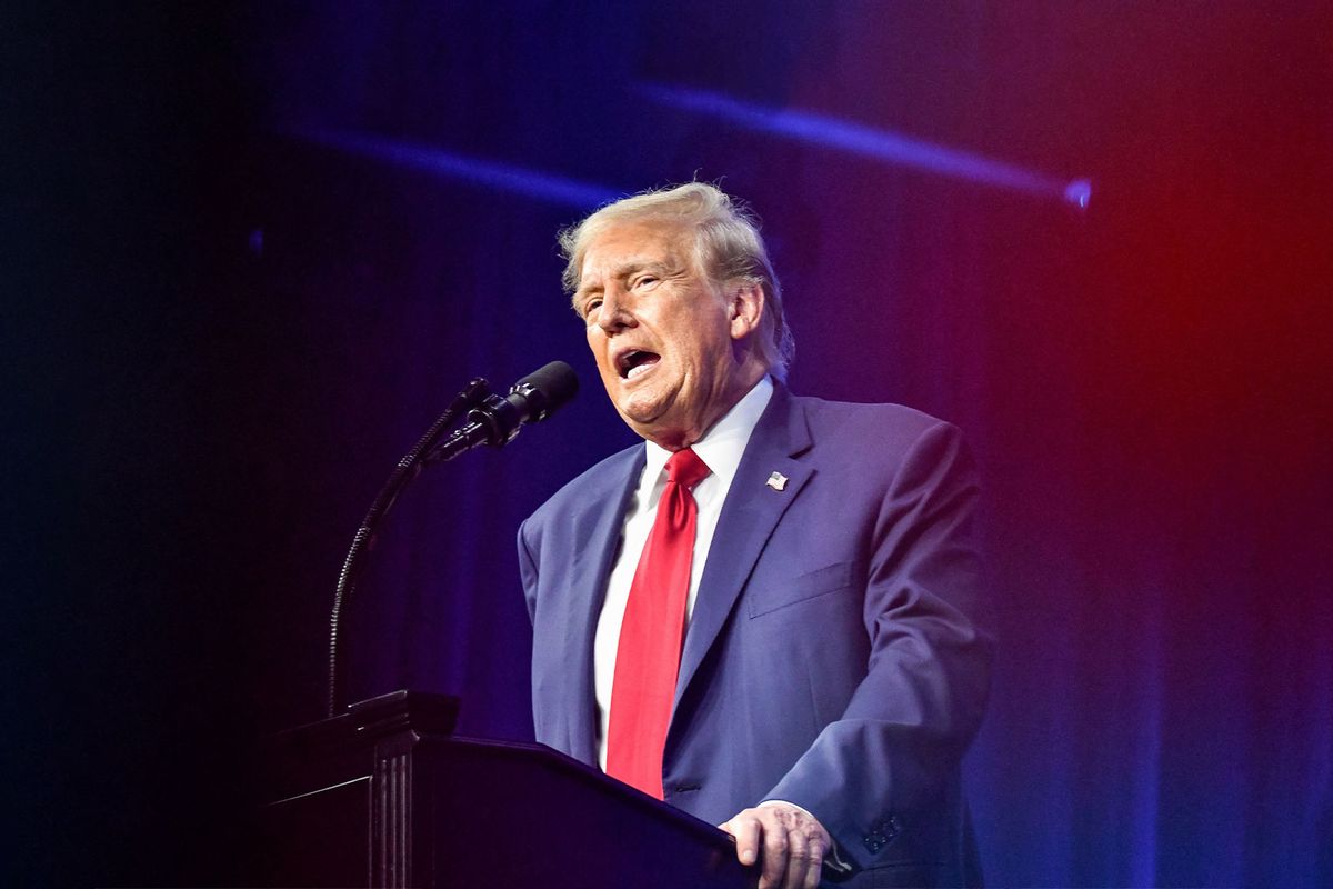 Former President Donald Trump speaks at The People's Convention hosted by Turning Point Action at The Huntington Place in Detroit, MI on June 15, 2024. (Adam J. Dewey/Anadolu via Getty Images)