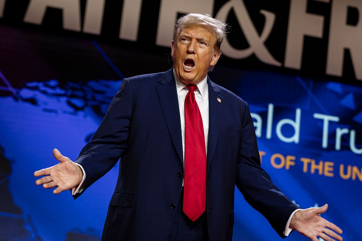 Former U.S. President Donald Trump gestures to the crowd before delivering the keynote address at the Faith & Freedom Coalition's Road to Majority Policy Conference at the Washington Hilton on June 22, 2024 in Washington, DC. (Samuel Corum/Getty Images)