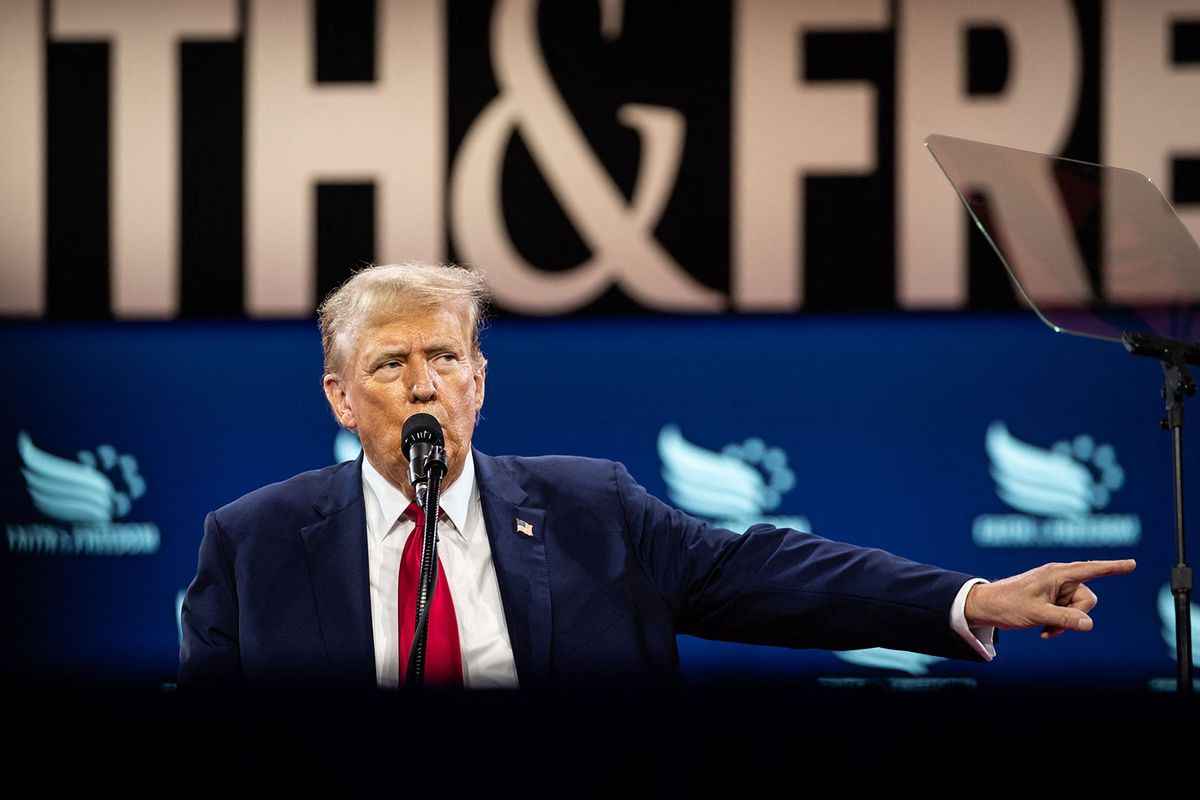 Ex-President and convicted felon Donald Trump speaks at the annual Road to Majority conference in Washington, DC, June 22, 2024. (ALLISON BAILEY/Middle East Images/AFP via Getty Images)