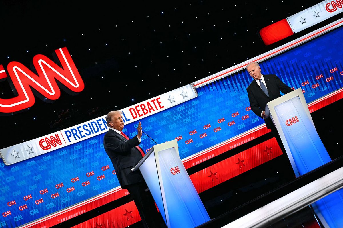 US President Joe Biden and former US President and Republican presidential candidate Donald Trump participate in the first presidential debate of the 2024 elections at CNN's studios in Atlanta, Georgia, on June 27, 2024. (ANDREW CABALLERO-REYNOLDS/AFP via Getty Images)