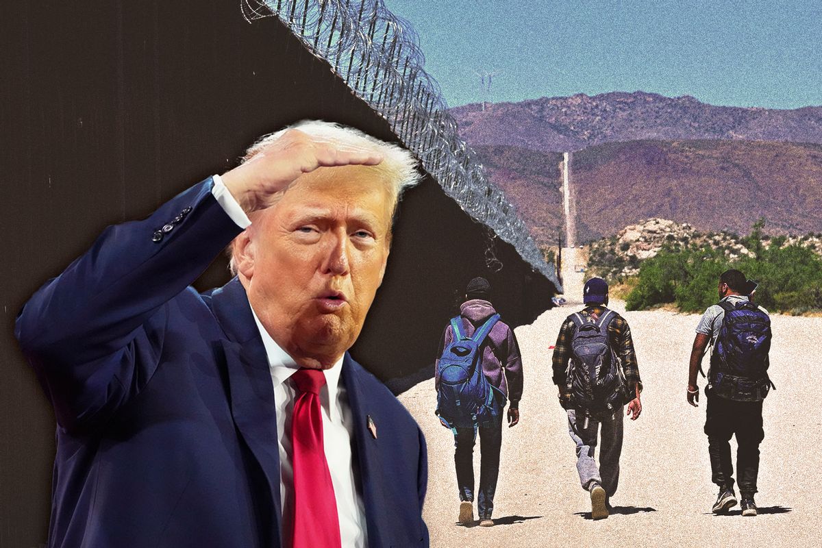 Donald Trump | Migrants walk on the US side of the border wall in Jacumba Hot Springs, California on June 5, 2024, after walking crossing from Mexico. (Photo illustration by Salon/Getty Images)