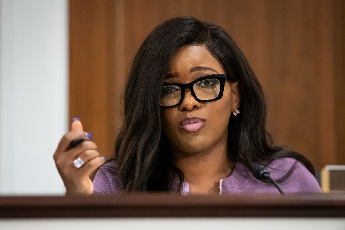 Rep. Jasmine Crockett (TX) questions witnesses during a roundtable on Supreme Court ethics hosted by House Oversight Committee Democrats, Washington, DC, June 11, 2024.  ( ALLISON BAILEY/Middle East Images/AFP via Getty Images)