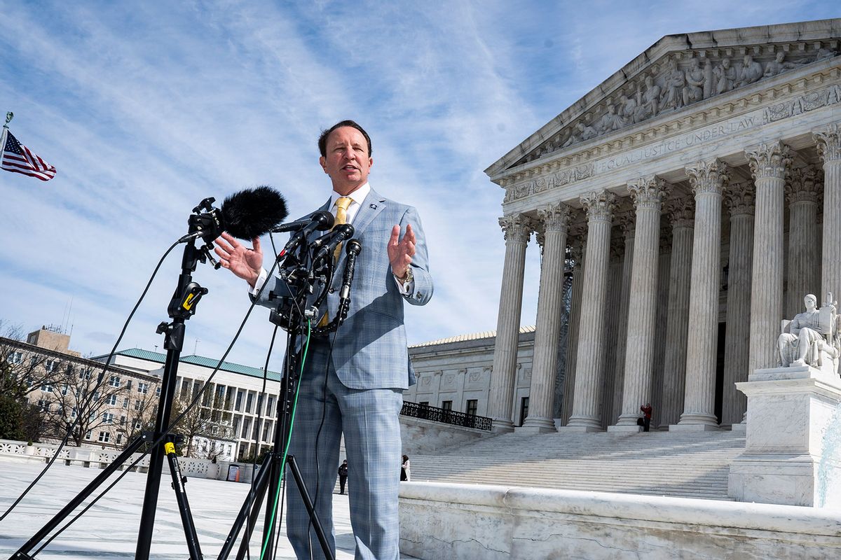 Louisiana Governor Jeff Landry speaks with reporters outside the U.S. Supreme Court in Washington, DC on Monday, March 18, 2024. (Jabin Botsford/The Washington Post via Getty Images)