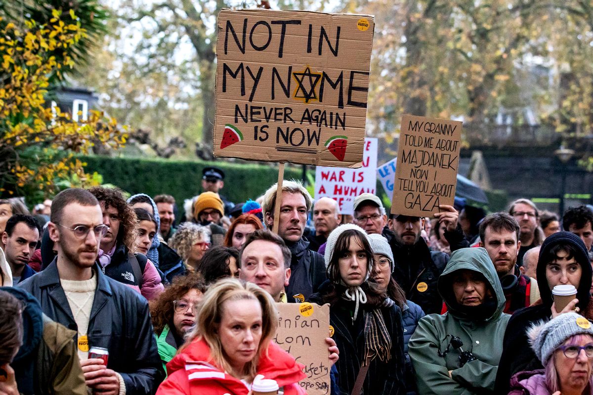 Members of the Jewish community attend a rally in Victoria Embankment Gardens organised by Na'amod UK to call for a ceasefire in Gaza, for Israeli and Palestinian 'hostages' to be exchanged and for an end to the siege of Gaza on 19th November 2023 in London, United Kingdom. (Mark Kerrison/In Pictures via Getty Images)