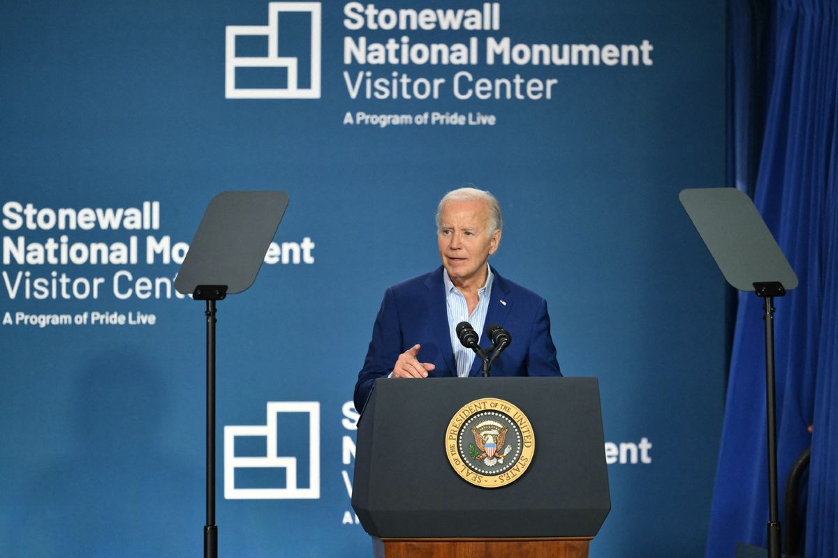 U.S. President Joe Biden speaks at the Stonewall National Monument Visitor Center's grand opening ceremony in New York on June 28, 2024. (ANGELA WEISS/AFP via Getty Images)