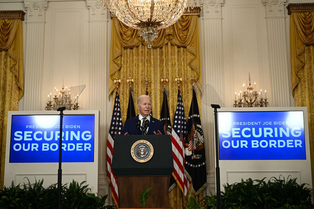 US President Joe Biden speaks in the East Room of the White House in Washington, D, on June 4, 2024 to announce he will temporarily shut the US-Mexico border to asylum seekers whenever illegal migrant crossings surge. (BRENDAN SMIALOWSKI/AFP via Getty Images)