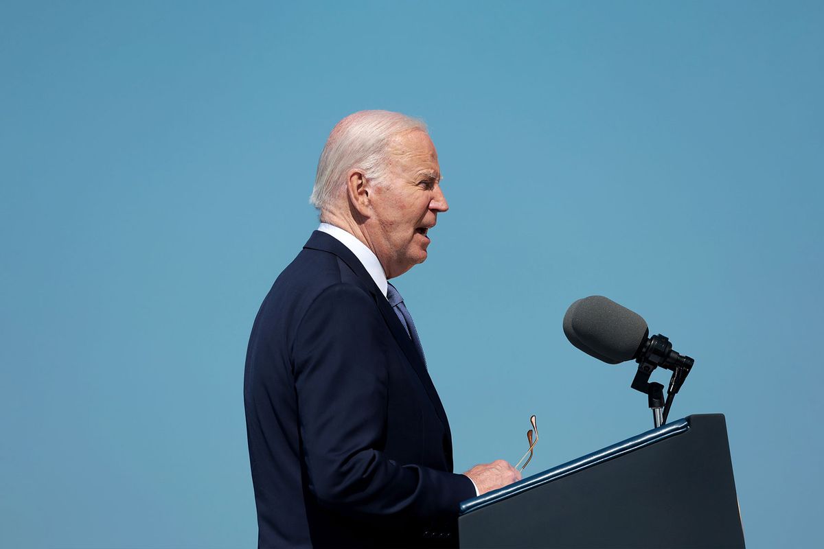 U.S. President Joe Biden delivers a speech at Pointe du Hoc, where U.S. Army Rangers scaled cliffs over 100 feet high on D-Day to destroy a heavily fortified German position, on June 7, 2024 at Pointe du Hoc, near Le Bavent, France. (Win McNamee/Getty Images)