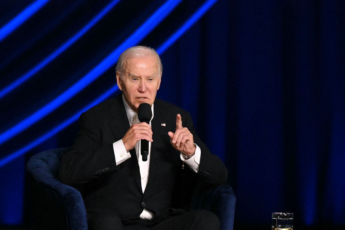 US President Joe Biden speaks onstage during a campaign fundraiser at the Peacock Theater in Los Angeles on June 15, 2024. (MANDEL NGAN/AFP via Getty Images)