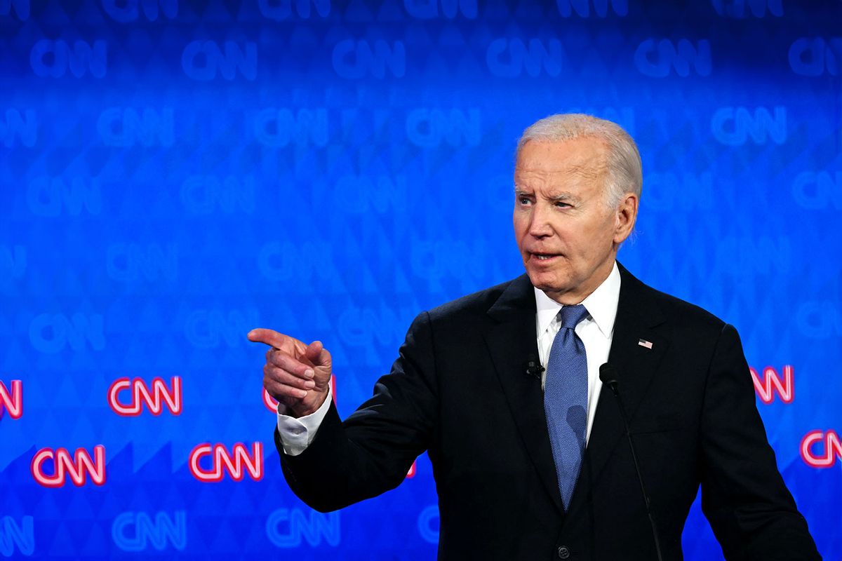 US President Joe Biden speaks as he participates in the first presidential debate of the 2024 elections with former US President and Republican presidential candidate Donald Trump at CNN's studios in Atlanta, Georgia, on June 27, 2024. (ANDREW CABALLERO-REYNOLDS/AFP via Getty Images)