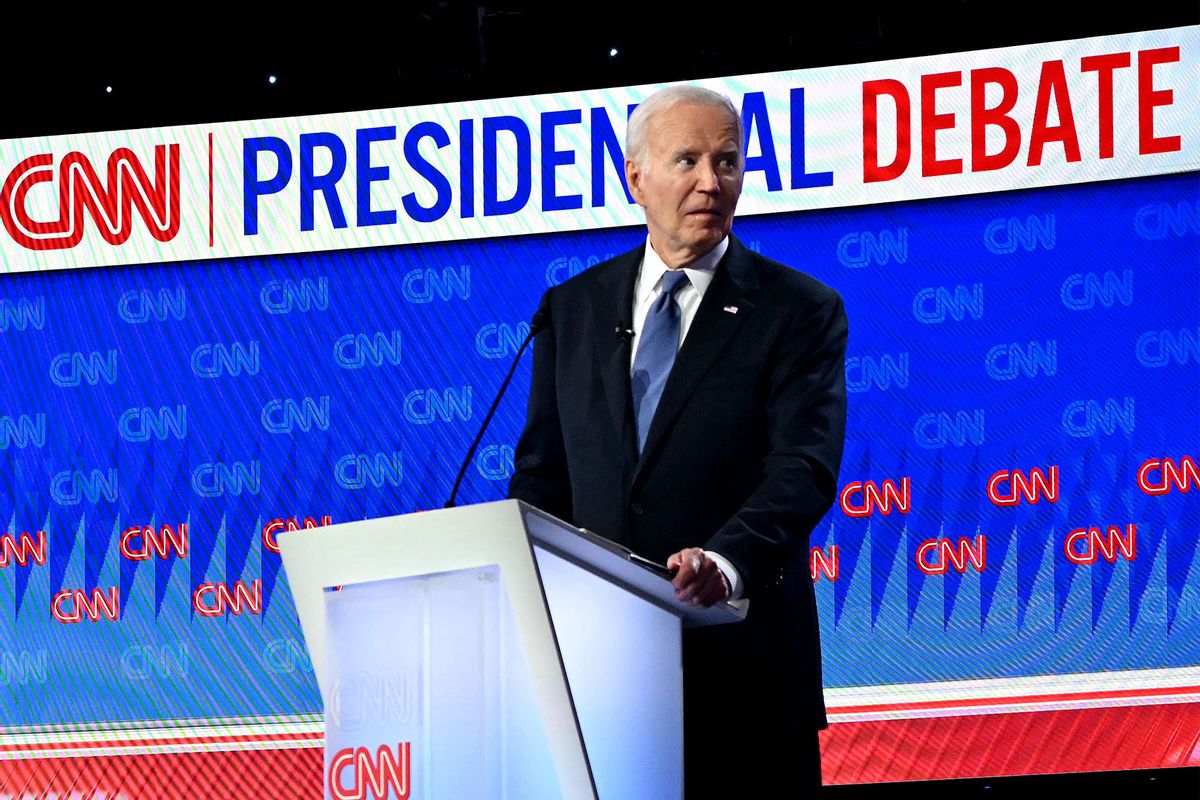 US President Joe Biden looks on as he participates in the first presidential debate of the 2024 elections with former US President and Republican presidential candidate Donald Trump at CNN's studios in Atlanta, Georgia, on June 27, 2024. (ANDREW CABALLERO-REYNOLDS/AFP via Getty Images)