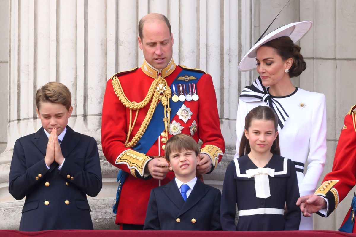 Prince George of Wales, Prince William, Prince of Wales, Prince Louis of Wales, Princess Charlotte of Wales and Catherine, Princess of Wales on the balcony of Buckingham Palace during Trooping the Colour on June 15, 2024 in London, England.  (Karwai Tang/WireImage)