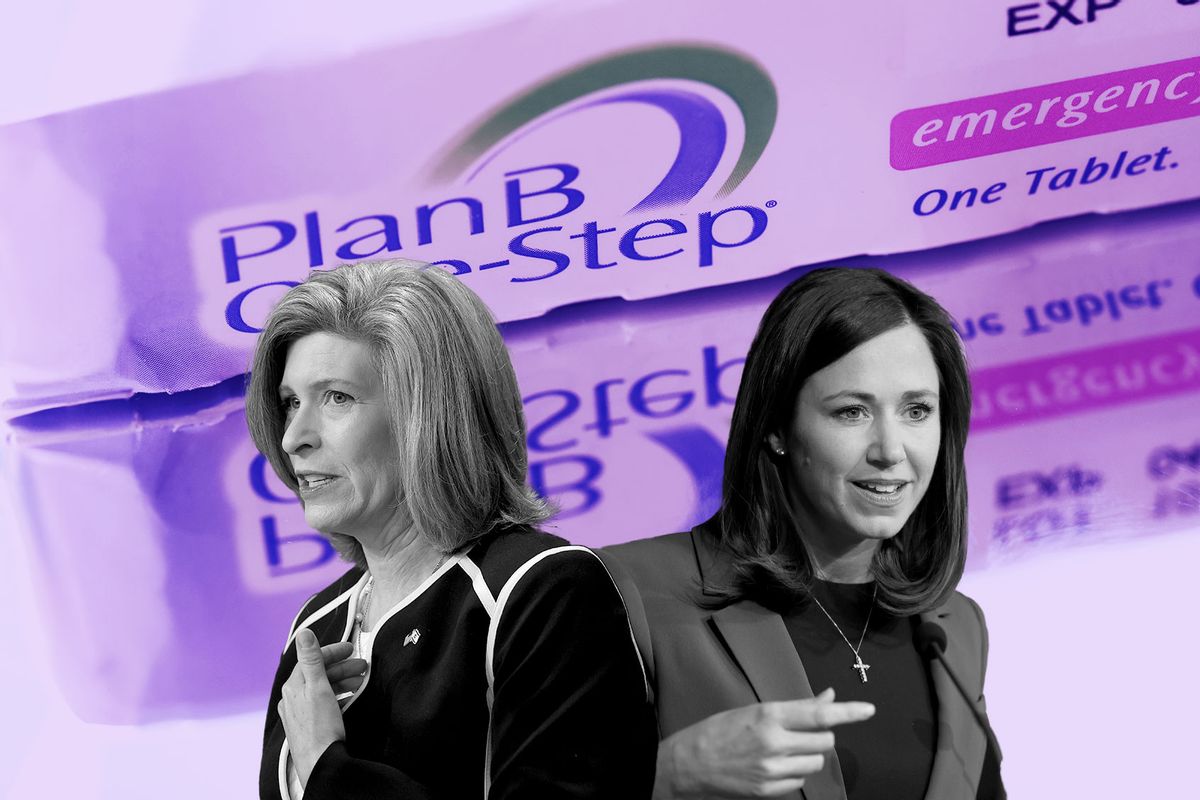Katie Britt, Joni Ernst and PlanB one-step contraceptive (Photo illustration by Salon/Getty Images)
