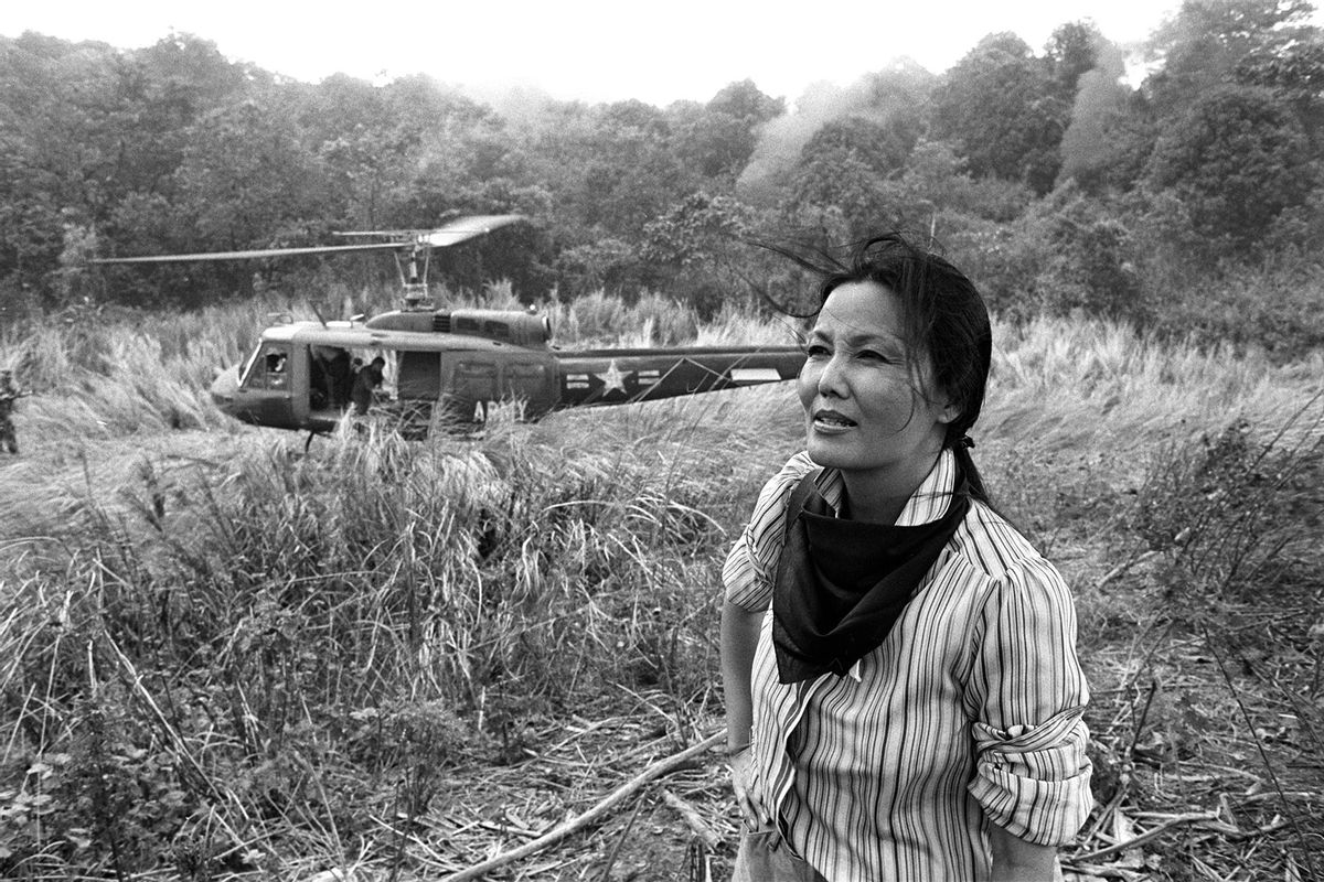 Vietnamese-American actress Kieu-Chinh on the set of John Irvin's Vietnam war film 'Hamburger Hill', where she is working as Vietnamese adviser, in the Philippine jungle south of Manila, 3rd November 1986. (Alex Bowie/Getty Images)