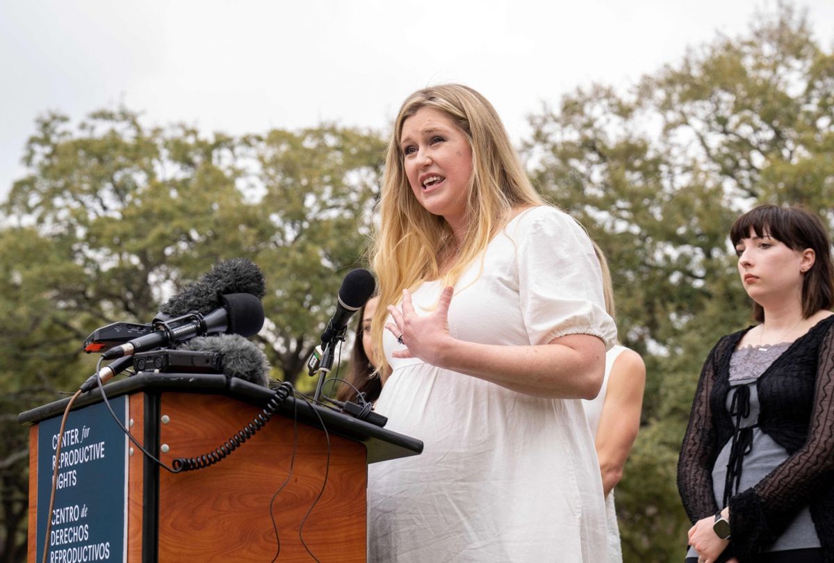 Lauren Miller, a plaintiff in a lawsuit from women denied abortions despite serious complications, speaks on the lawn of the Texas State Capitol on March 7, 2023 ion Austin, Texas. Five Texas women have sued the conservative US state, asking a judge to clarify exceptions to the new laws.  (SUZANNE CORDEIRO/AFP via Getty Images)