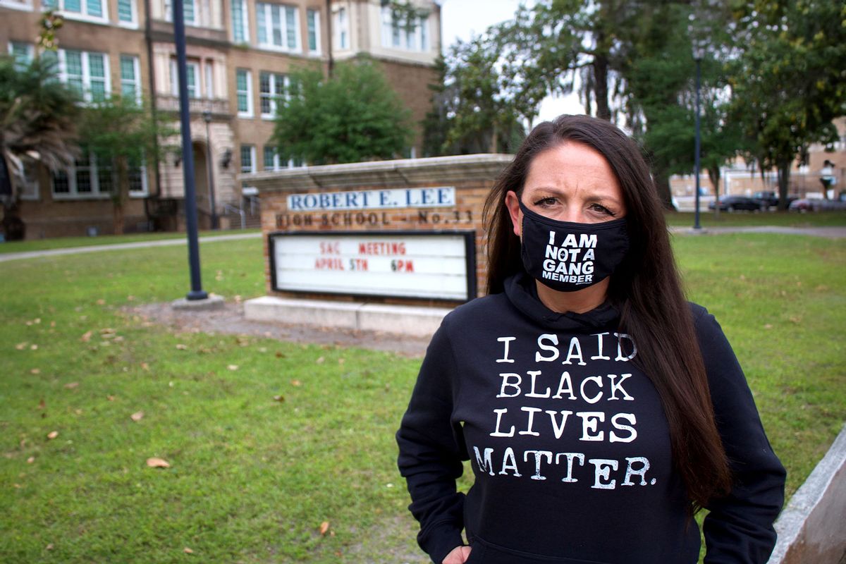 Amy Donofrio in front of Robert E. Lee High School (Photo courtesy of the EVAC movement)